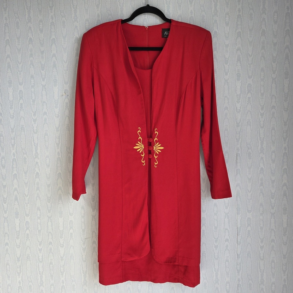 Vtg Tori Alexander Dress L Red Embroidered Layered Long Sleeve Knee Length Retro